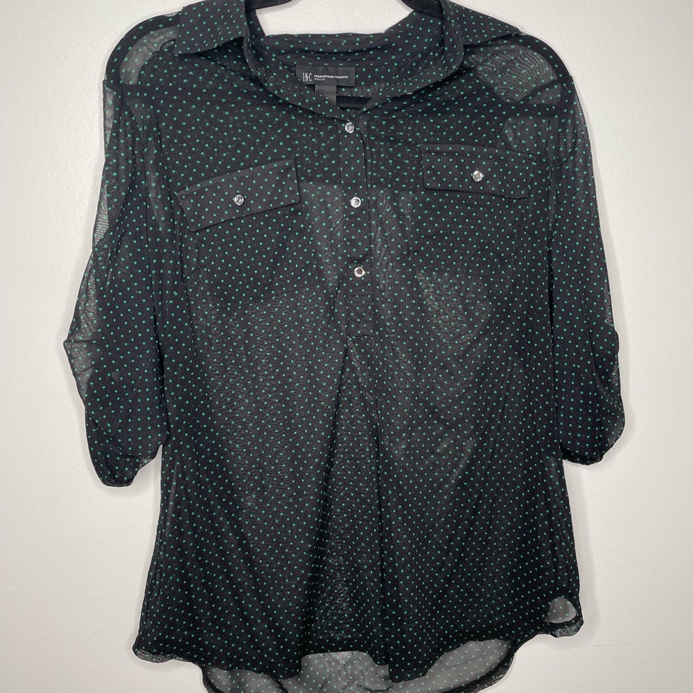 INC International concepts black see through green polka dot shirt size 1X